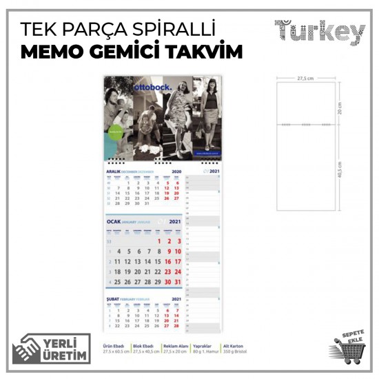 Memo Gemici Takvim Tek Parça Spiralli